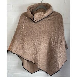 NWT Odiva Women Beige Boucle Knit Pearl Embellished Poncho Cowl Neck